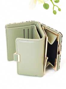 Leopard Print Snap Closure Short Women's Wallet, Three-Fold Multi-Function Purse, Solid Color Snap Closure Short Women's Wallet, Three-Fold Multi-Function Purse - Green - View 2
