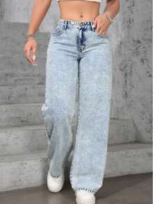 Calça Wide Leg Pantalona Marmorizada  Jeans Feminina Cintura Alta  Sem Laycra Levanta Bumbum PLUS Size Tam 36 ao 54 - Lavagem clara - Visão 4