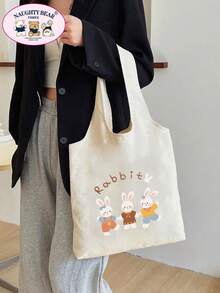 1pc Beige Cute Rabbit 3-Rabbit English Print Women's Canvas Tote Bag, Vest-Style Shopping Bag For Outings - Beige - View 3