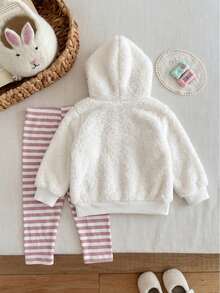 Baby Girl Plush Puppy Casual 2-Piece Set, Soft Coral Fleece Hooded Sweatshirt With Applique Bow Dachshund Puppy Design, Pink And White Vertical Ribbed Ribbed Elastic Waist Long Pants, Spring/Autumn Outdoor Outfit - Multicolor - View 2