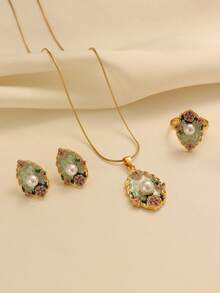 1 Set Mint Green Faux Pearl Decorated Elegant Jewelry Set - Necklace, Earrings, Ring, 3-Piece Daily Accessory Set For Women - Yellow Gold - View 5