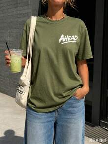 Women's Oversized Crew Neck Short Sleeve T-Shirt, Available In Multiple Colors, Chest With Printed "AHEADED" Graphic, Minimalist Streetwear - Olive Green - View 2