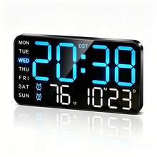 Bedroom Large Digital Alarm Clock, Temperature Date & Week Display, Adjustable Brightness & Volume, Desktop Or Wall-Mounted, Modern Home & Office Clock - Blue - View 8