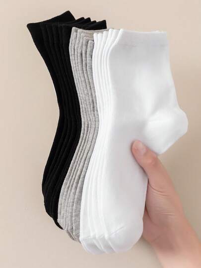 1/5/10/15 Pairs Unisex Socks, Thick Cuff Sports Socks, White & Black & Grey Mid-Calf Socks, Long Socks, Solid Color Minimalist Fashion Casual, Suitable For Daily Wear And Indoor Use