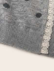 Women's Polka Dot Lace Trim Cardigan, Comfortable Button Front Top For Autumn/Winter, Suitable For Halloween, Thanksgiving, Christmas Outfits, Y2K Style - Grey - View 9