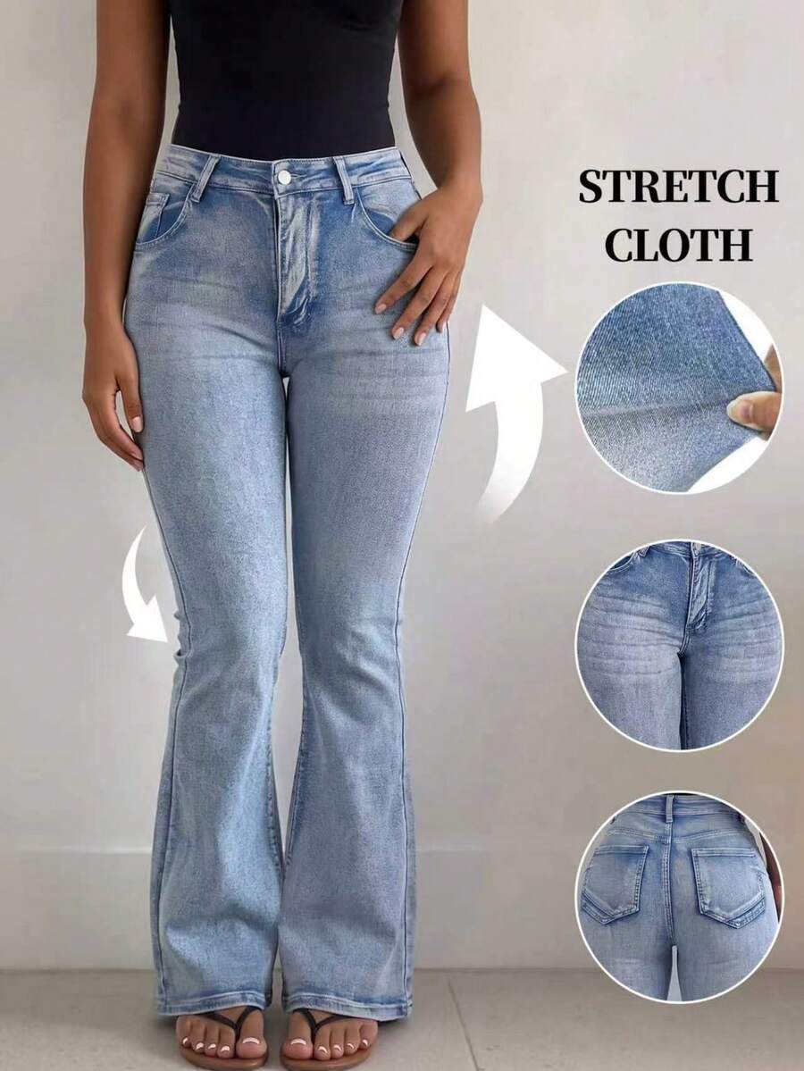 Women's Plus Size Vintage Flare Jeans With Zipper Detail, Medium Stretch, Long Length, Create A Fashionable Look - Blue - View 1