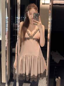 GMFP 女款夏秋休閒優雅時尚蕾絲拼接粉色派對細肩帶洋裝，世界盃、度假季、日穿搭 - 粉色 - 查看 6
