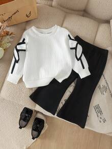 2pcs Korean Style Baby Girl Vertical Stripe Cuff Bow Design Round Neck Long Sleeve Top And Versatile Black Flared Pants Set, Suitable For Spring And Autumn Daily Outings - White - View 3