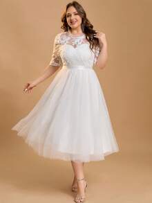 Plus Size Women's Solid Color Conservative Casual Mesh Applique Wedding Dress, Suitable For Wedding Events, Bachelorette Party, Bridal Shower, Brunch, Engagement, Honeymoon, Reception, Rehearsal, Spring/Autumn - White - View 5
