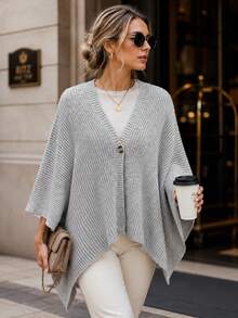 Perirose Women's Gray Basic Knit Poncho Sweater Button Front V Neck Batwing Cape Cardigan Loose Fit Fall Clothes Casual Work Tops For Women Homecoming Party - Grey - View 10