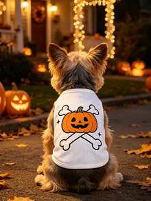 1pc Halloween Pumpkin Crossbones Print Dog Sleeveless Vest, Breathable Mesh Pet Tank Top, Cute Holiday Outfit For Small Medium Dogs, Funny Jack-O'-Lantern Skeleton Bone Puppy Costume, Comfort Daily Wear Pet Clothes For Halloween Party Cosplay. - Multicolor - View 4