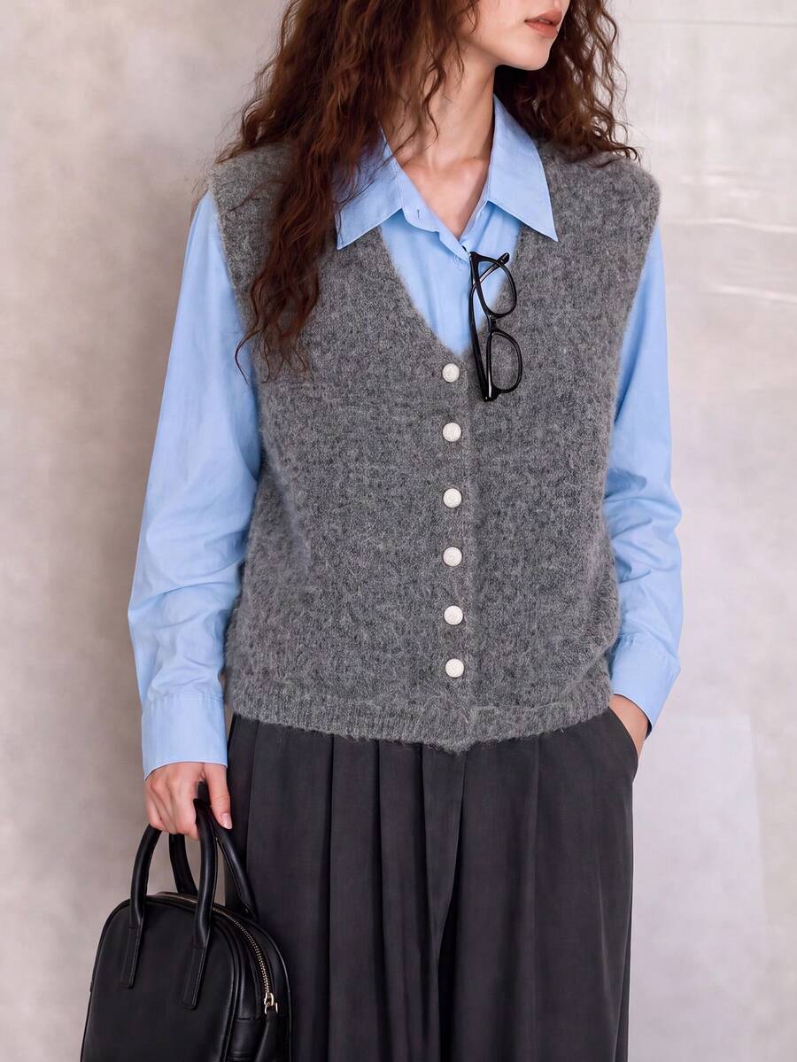 Women's Autumn Casual Minimalist Vintage V-Neck Knit Cardigan Vest Fall - Grey - View 1