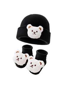 2pcs Cute Bear Plush Hat & Socks Set, Suitable For Autumn/Winter - Thick Knit 2pcs - View 8