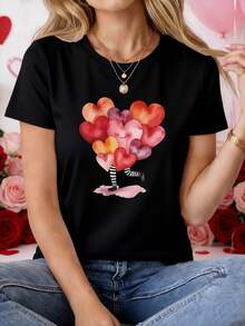 This T-Shirt Features An Exquisite Design, Featuring A Woman With A Balloon, Paired With A Heart-Shaped Balloon, Making It Perfect For Creating A Fun- - 黑色 - 查看 1