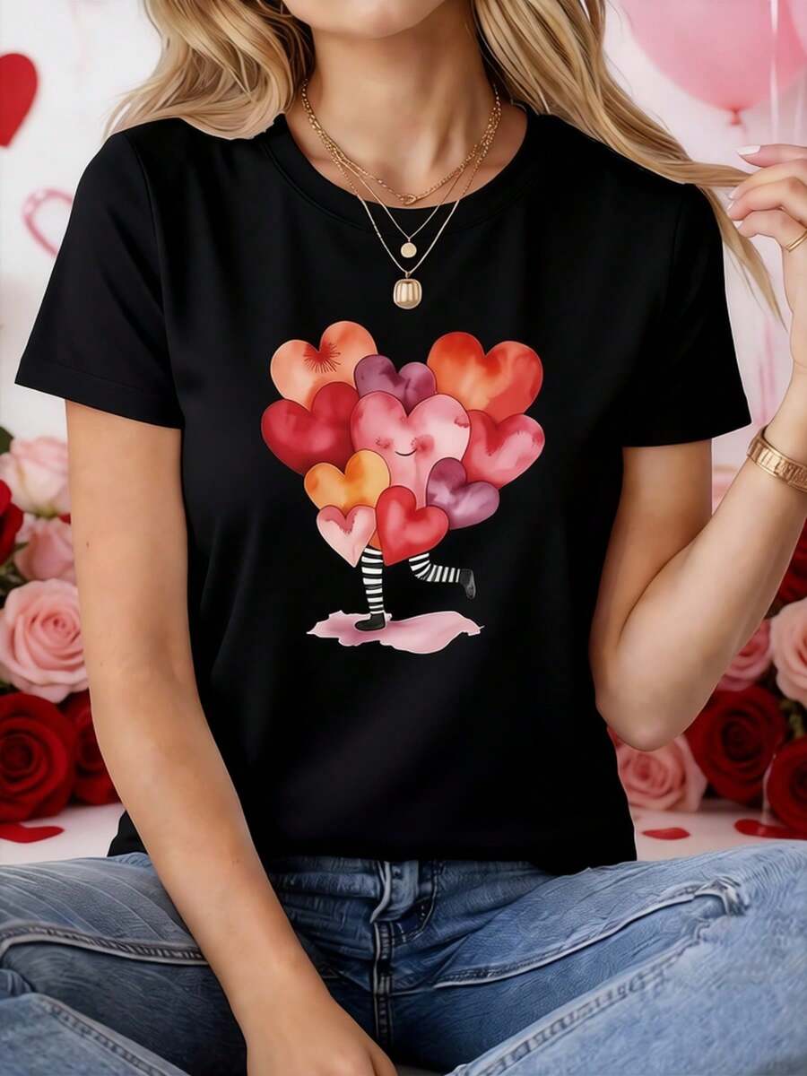 This T-Shirt Features An Exquisite Design, Featuring A Woman With A Balloon, Paired With A Heart-Shaped Balloon, Making It Perfect For Creating A Fun- - 黑色 - 查看 1