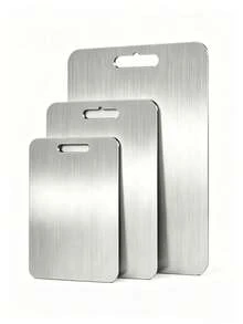 Ultra-Thin Stainless Steel Cutting Board 3 Pieces Set, Includes Large, Medium And Small Sizes, Easily Stored In Kitchen Drawer. Stainless Steel Material, Durable And Resistant To Cracking And Mold, Built-In Hanging Hole For Ventilation When Not In Use. Suitable For Preparing Baby Food, Cutting Fruits And Vegetables, Processing Meat, Separating Raw And Cooked Ingredients To Avoid Cross-Contamination, Easy To Clean And Heat/Cold Resistant. Minimalist And Versatile, Meets Daily Home Meal Prep Needs, Ideal Kitchen Tool For Small Kitchens. - View 8