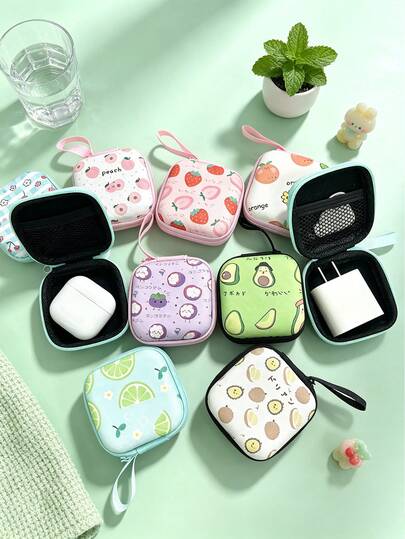 2pcs Cute Fruit Print Earphone Storage Bag, Portable Digital Accessories Organizer Box, EVA Hard Shell Charging Cable Storage Pouch For AirPods, Data Cable, Small Items, Student Commute Travel Essential