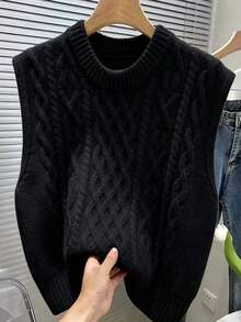 Rompi Rajut Kabel Hitam Wanita dengan Kerah Bulat dan Tudung, Gaya Musim Gugur - Hitam - View 1