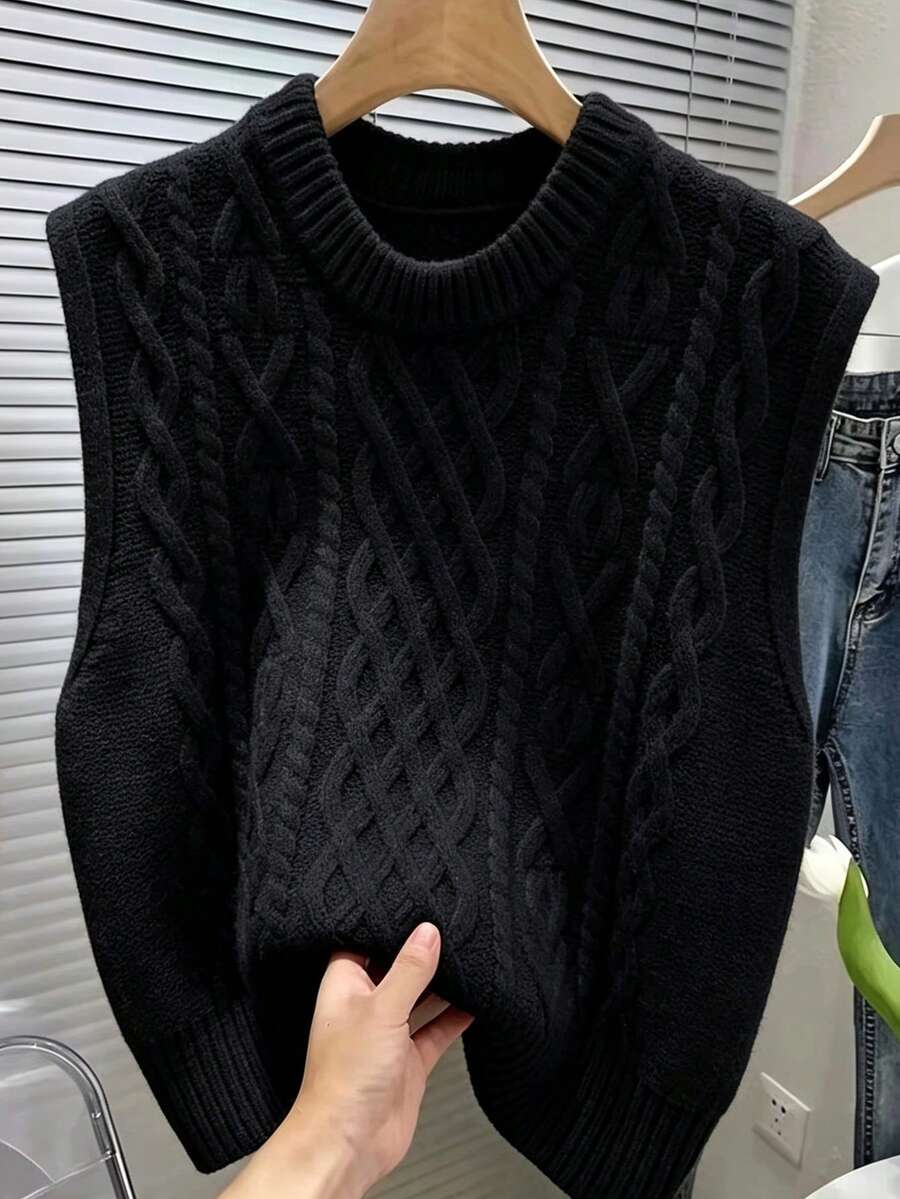 Rompi Rajut Kabel Hitam Wanita dengan Kerah Bulat dan Tudung, Gaya Musim Gugur - Hitam - View 1