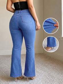 Plus Size Y2K Washed Denim Flare Jeans, Medium Stretch Long Bootcut Pants, Casual Wear Denim Jeans - Blue - View 2