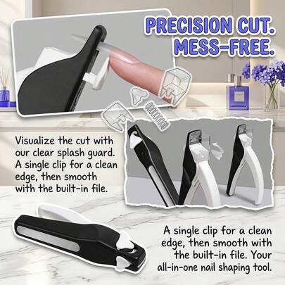 2-In-1 Nail Tip Clipper With Splash Guard & Nail File, Precision False Nail Cutter For Acrylic Nails, Press On Nails And Gel Nail Tips, Portable Manicure Tool