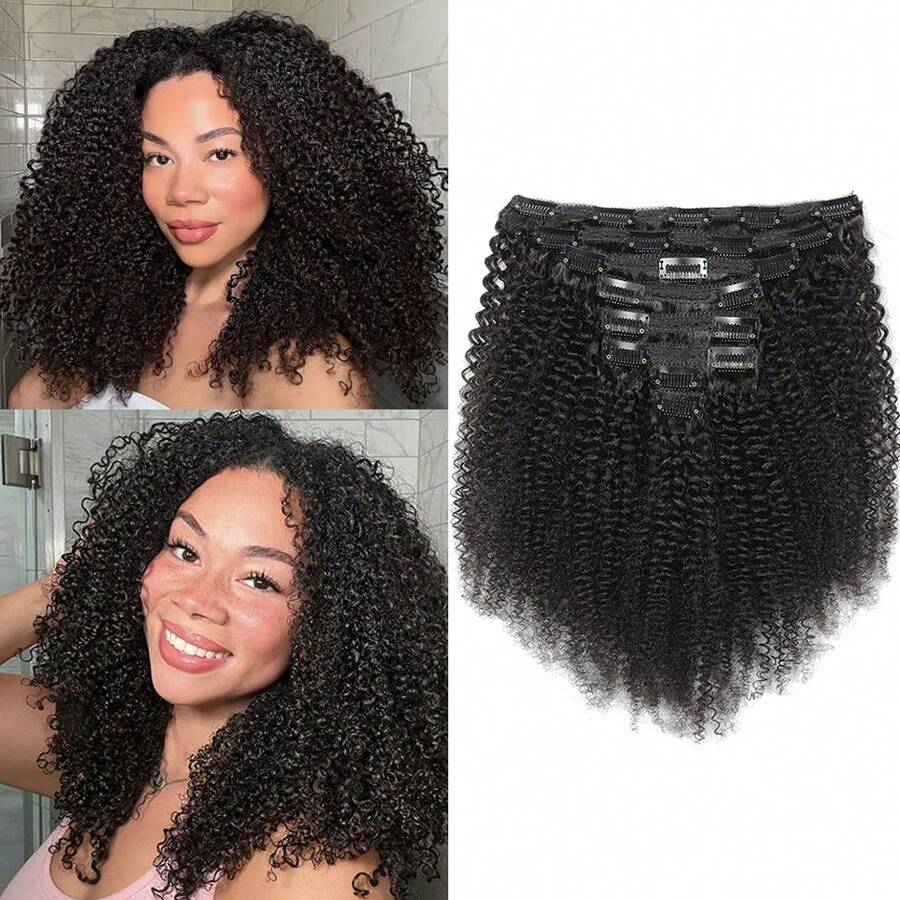 BINF 4C Afro Kinky Curly Clip-In Remy Human Hair Extensions, 8 Pieces, 120g, Natural Black, Unprocessed, Afro Curls, Clip-In Hair Pieces, Ideal For Halloween, Cosplay, Festivals, And Parties.