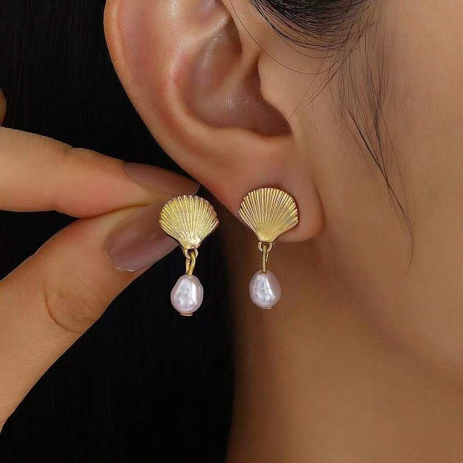 1 đôi bông tai vỏ hợp kim hình nguyên tố, phù hợp đeo hàng ngày, đi du lịch, làm quà tặng - Nhiều màu - Xem 1