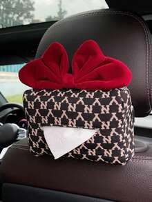 1pc Car Tissue Box, Jacquard Multifunctional Hanging Drawer Box, Car Armrest Box Bowknot Tissue Holder - A - View 8
