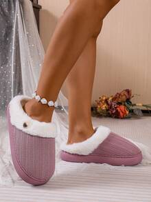 Women's Thermal Lined Comfortable Anti-Slip Wear-Resistant Closed-Toe Faux Fur Slippers Faux Suede - Pink - View 4