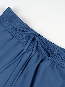 Plus Size Women's Solid Color Drawstring Wide Leg Long Pants, Suitable For Casual Beach Wear - Blue - View 5