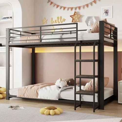 90x200 Loft Bed / Metal Bunk Bed With Wooden Steps And Storage - 黑色 - 查看 1