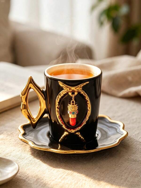 DearDali 2pcs (1cup+1saucer) 200ml European Luxury Gold-Plated Ceramic Coffee Cup And Saucer, Creative Gold Rim Lipstick Pendant Design, Glossy Decorative Tea Cup, High-Value Desktop Decor, Daily Use, Ramadan Celebration, Interesting Gift For Friends