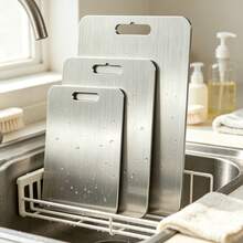Ultra-Thin Stainless Steel Cutting Board 3 Pieces Set, Includes Large, Medium And Small Sizes, Easily Stored In Kitchen Drawer. Stainless Steel Material, Durable And Resistant To Cracking And Mold, Built-In Hanging Hole For Ventilation When Not In Use. Suitable For Preparing Baby Food, Cutting Fruits And Vegetables, Processing Meat, Separating Raw And Cooked Ingredients To Avoid Cross-Contamination, Easy To Clean And Heat/Cold Resistant. Minimalist And Versatile, Meets Daily Home Meal Prep Needs, Ideal Kitchen Tool For Small Kitchens. - View 2
