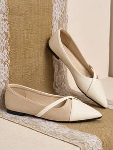 Pointed Toe Low Vamp Bow Flat Shoes, Delicate Satin Texture Soft And High-End, Versatile Shoes. - Beige - View 4