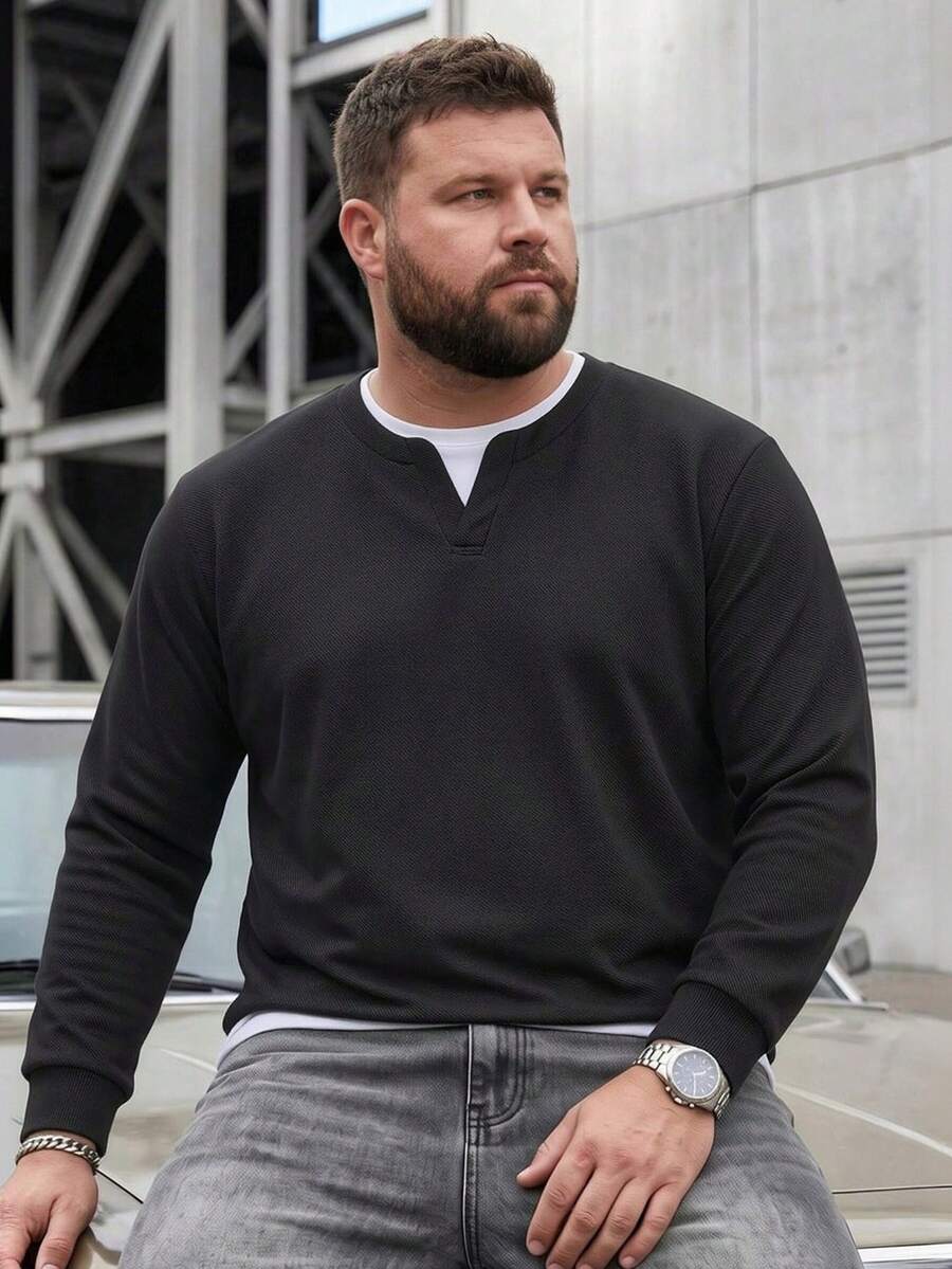 Plus Size Men's Henley Collar 2 In 1 Sweatshirt, Double Layer Hem Patchwork Loose Fit Casual Long Sleeve Pullover Top - Black - View 1