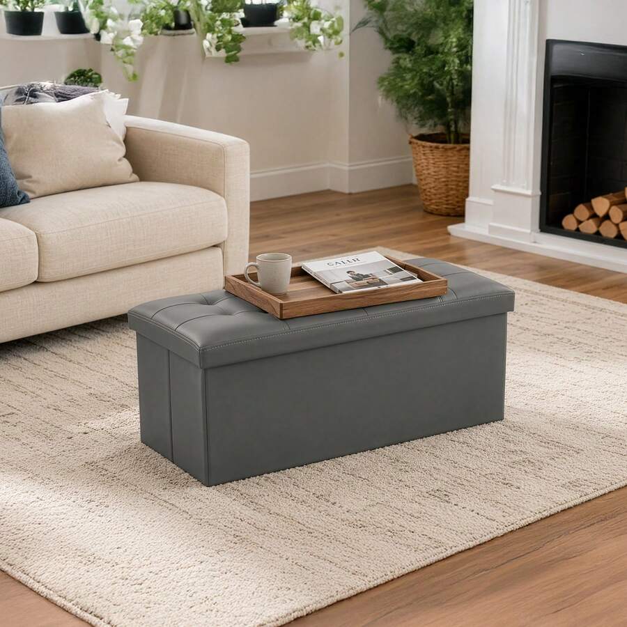 Living Room Folding Storage Ottoman – 76*38*38cm Footrest Stool With Lid, Storage Box & Shoe Bench - Dark Grey - View 1