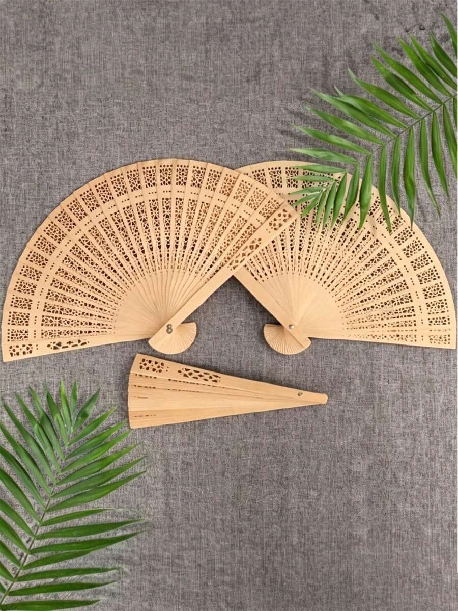 Wooden Folding Hand Fan, Vintage Chinese Style Hollow Carved Pattern Fan, Suitable For Home Decor - Wood Color - View 1
