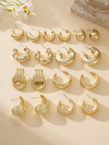 6/18pcs Luxury Metal Gold Women's Earring Set. C-Shaped Hoop Earring Set, Vintage Textured Water Drop Earrings, Versatile Commuter Jewelry/European And American Heavy-Duty Thick Gold Earring Set, Twisted Vertical Water Drop C-Hoop Combination, Niche High-End Earring Collection - Gold - View 5