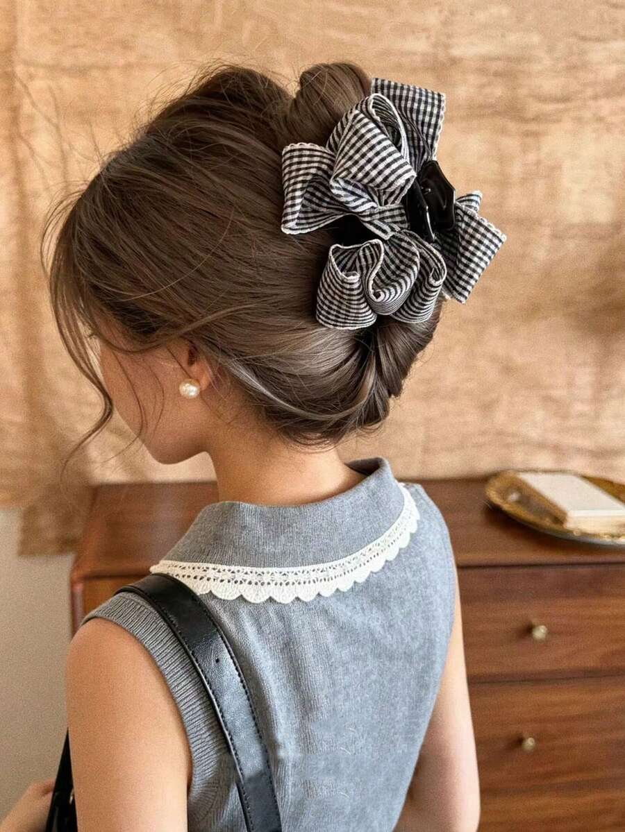 1PC Korean Style Premium Wavy Edge Black & White Plaid Ribbon Bow Hair Claw Clip, Fashionable Academic Style Half-Up Hair Bun Hair Claw Hair Accessory, Suitable For Daily Wear, Festivals, Gifts - Multicolor - View 1