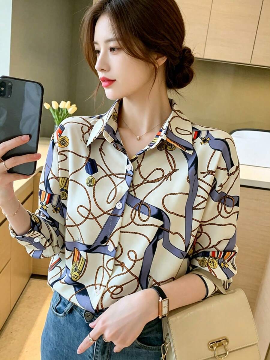 YUXIN 女士复古印花衬衫，时尚翻领设计，适合工作和休闲场合，舒适的长袖上衣，适合春秋季穿着。