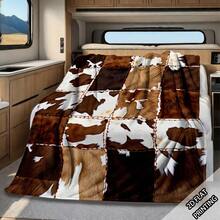 1PC Faux Cowhide Patchwork Flannel Blanket, Imitation Cow Skin Grid Splicing Design, Western Ranch Style Throw Blanket, All Season Cozy Cover For Sofa Bedroom Rustic Home Decor - Multicolor - View 4