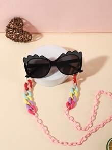 1 Set 1 pieza Gafas de Moda Casual y Linda para Niñas de 6-9 Años con Montura de unicolor de PC, Lentes Suaves Tintados y 1 pieza Cadena de Gafas Ligera para Juego al Aire Libre con Estuche de Gafas - Multicolor - Ver 12
