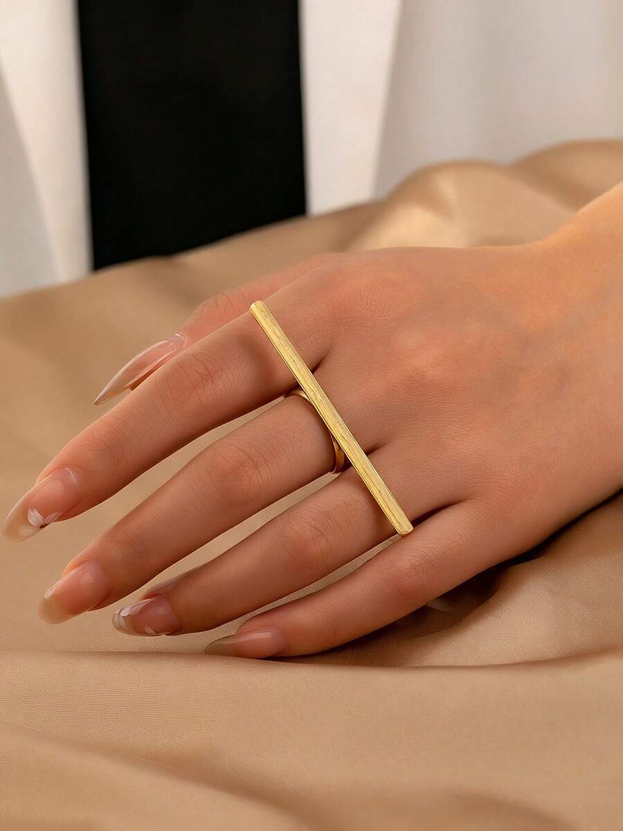 1 pieza/Set Anillo de mujer con textura cepillada de líneas geométricas gruesas - Amarillo Oro - Ver 1