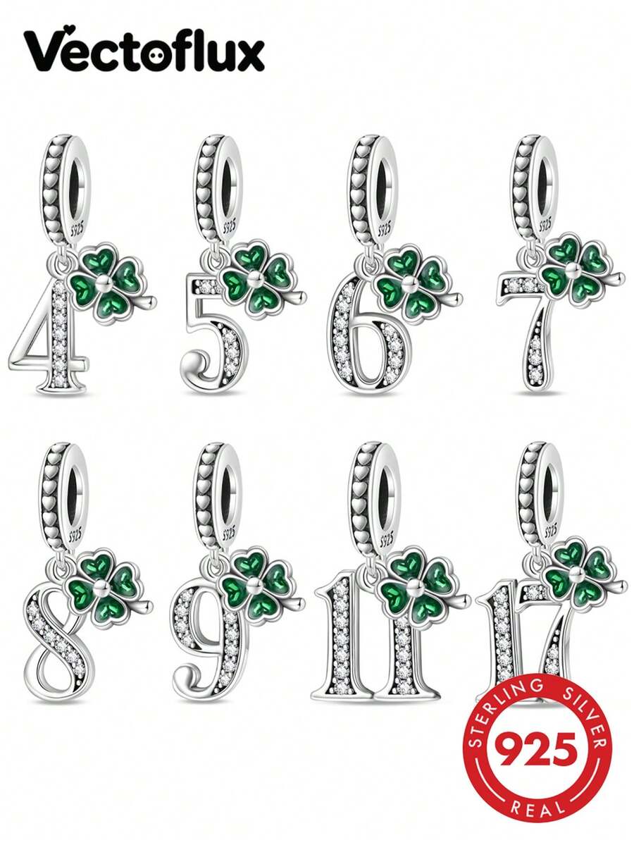 Vectoflux 1pc Minimalist Style S925 Sterling Silver Hypoallergenic Lucky Angel Number Pendant, Suitable For Original Bracelet, Women's DIY Jewelry Making, Birthday Gift - Green - View 1