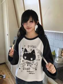 Y2K Sweet & Cool Style Raglan Long Sleeve T-Shirt For Women, Loose Fit Slimming Cute Cat Print Long Sleeve Top - White - View 7