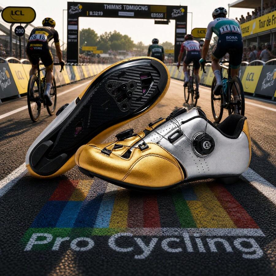 Men's Road Cycling Shoes, Professional Road Cycling Shoes, Bicycle Shoes, Fitness Shoes, Outdoor Sports Shoes, Outdoor Cycling Shoes; Suitable For Indoor Track Cycling, Indoor Fitness, Outdoor Road Cycling Sports. - Gold - View 1