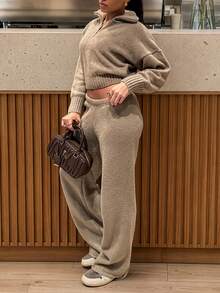 MORI Autumn/Winter Light Khaki Half-Zip Cropped Sweater & Pants 2 Pieces Set Women's Outfit For Coffee Date - Oat - View 4