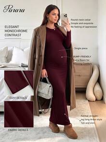 Maternity Summer Solid Color Round Neck Long Sleeve Casual Dress - Burgundy - View 1