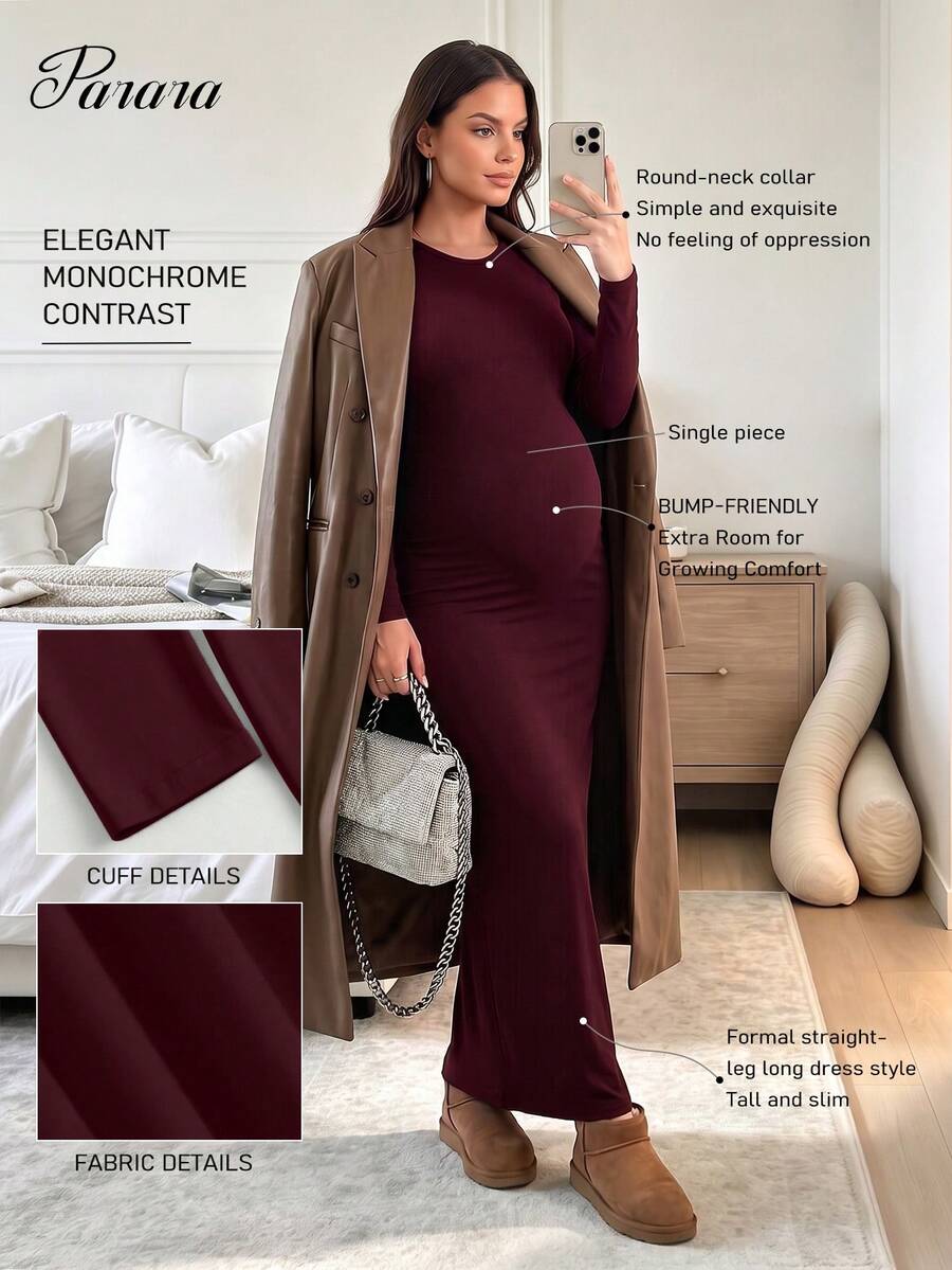 Maternity Summer Solid Color Round Neck Long Sleeve Casual Dress - Burgundy - View 1