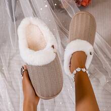 Women's Thermal Lined Comfortable Non-Slip Wear-Resistant Closed Toe Faux Fur Slippers Faux Suede - Khaki - View 8